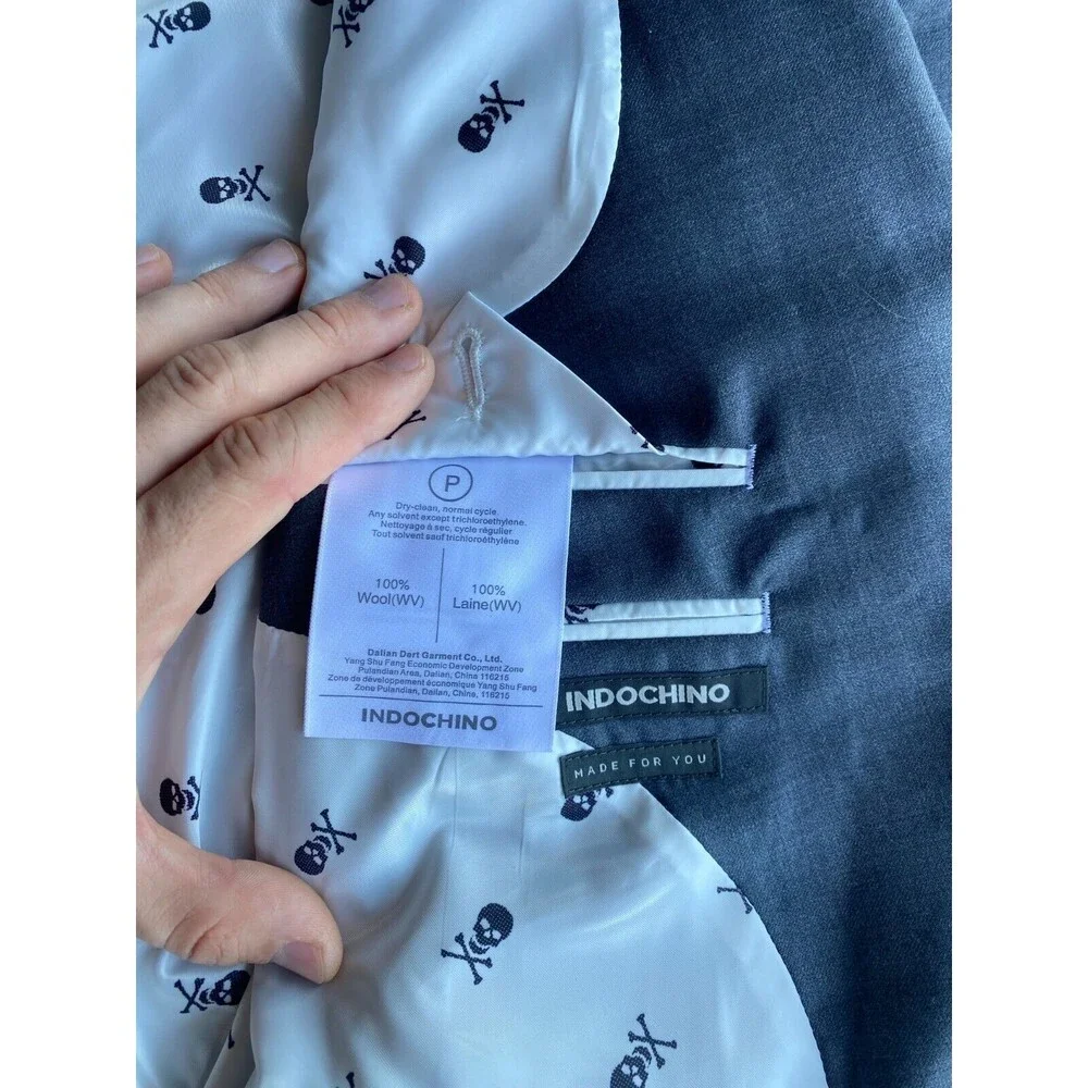 Indochino Luxury Mens Blazer 46L Gray Wool Yaletown 62 Sport Coat Skull Print